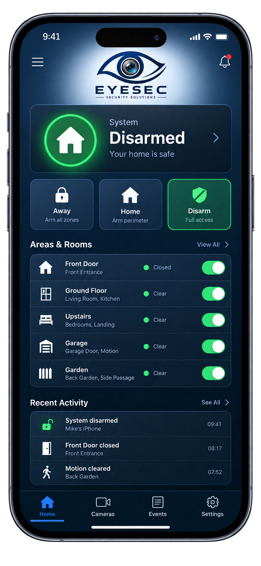 Eyesec home alarm smartphone app showing system controls, protected areas and recent activity