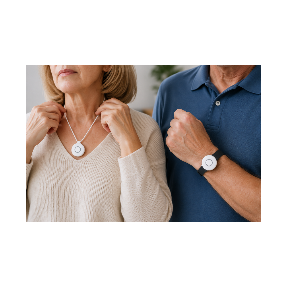 Portable wireless panic buttons worn on a pendant and wristband