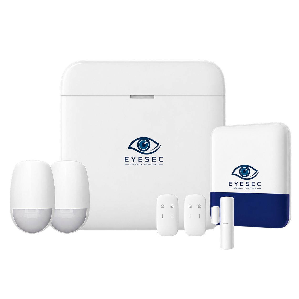 Eyesec home alarm system including control hub, external siren, sensors and door contact