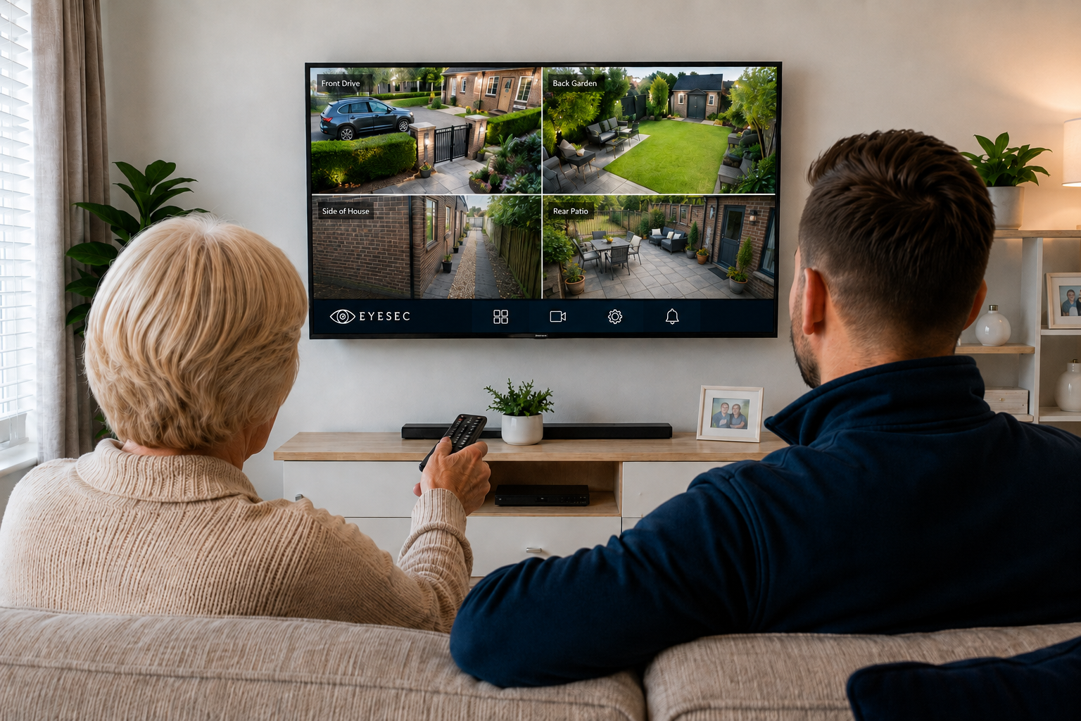 A couple viewing their Eyesec security camera feeds on a living room television