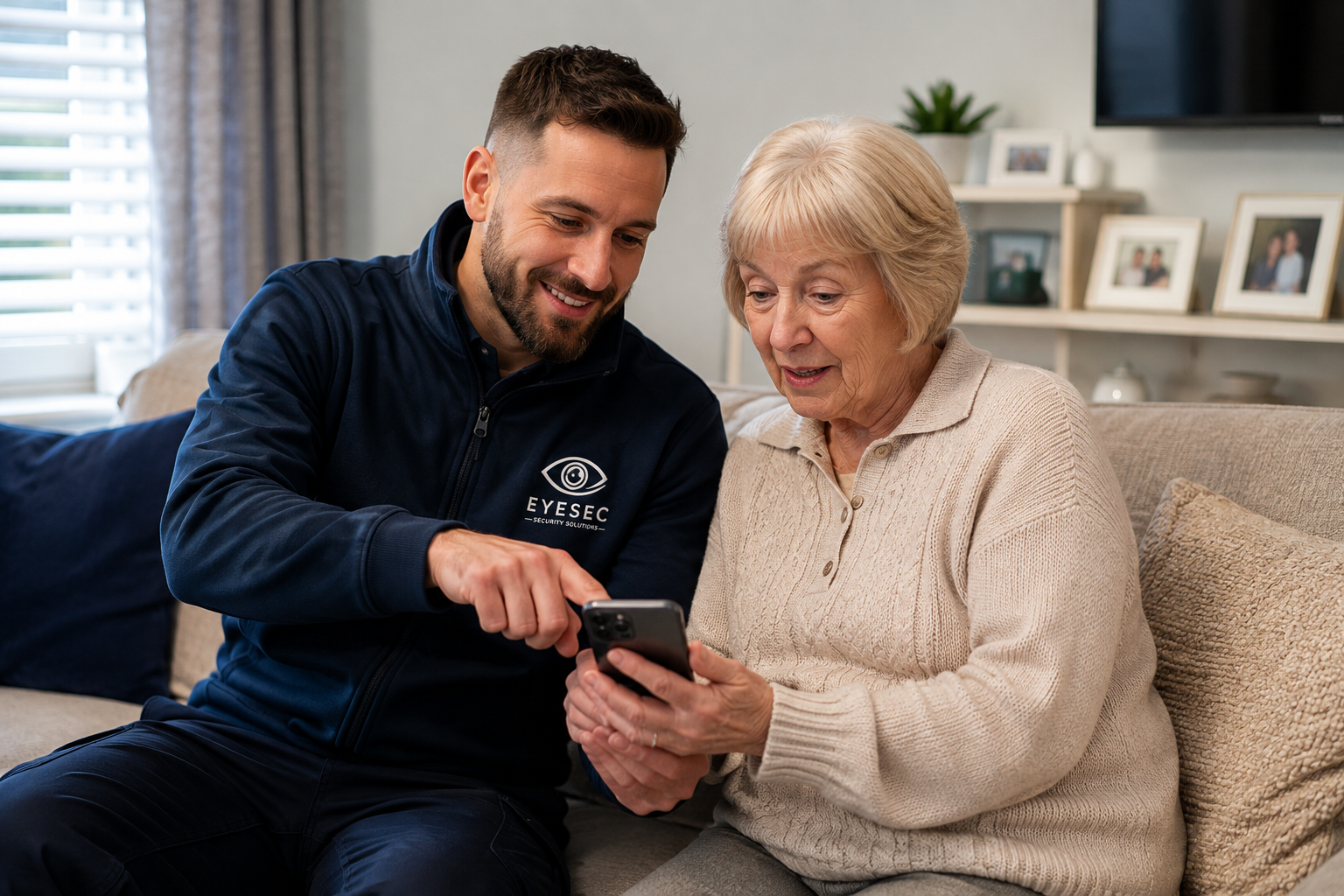 An Eyesec installer showing a customer how to use her security system on a smartphone