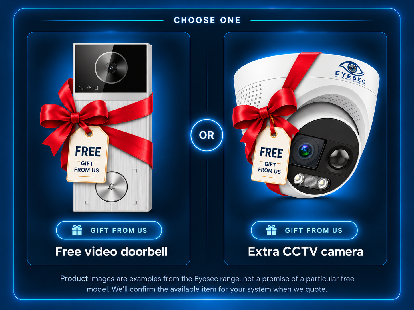 Example Eyesec products presented as the two free gift options: a free video doorbell or an extra CCTV camera