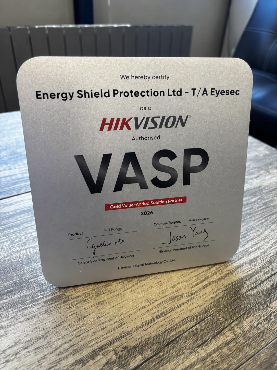 Hikvision Gold Value-Added Solution Partner plaque presented to Energy Shield Protection Ltd trading as Eyesec