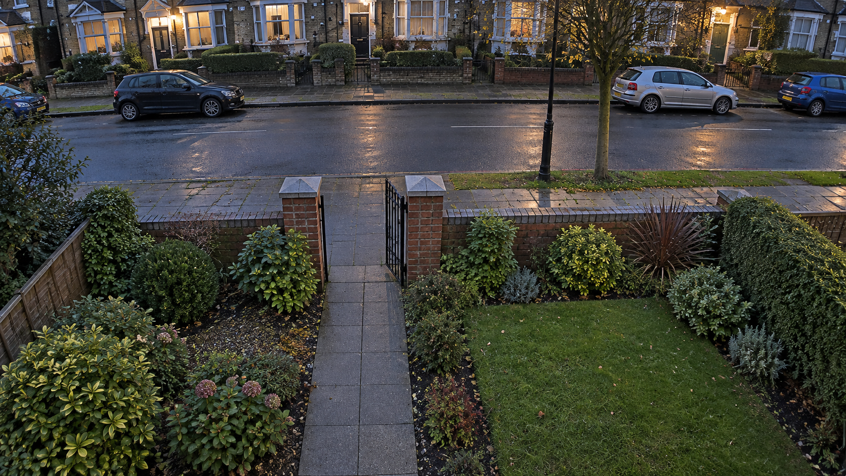 Elevated camera on the homeowner’s house looking out across a British front garden, through an open gate towards the street