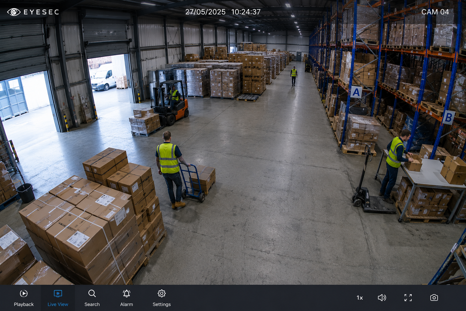 Eyesec CCTV view covering the interior of a working warehouse